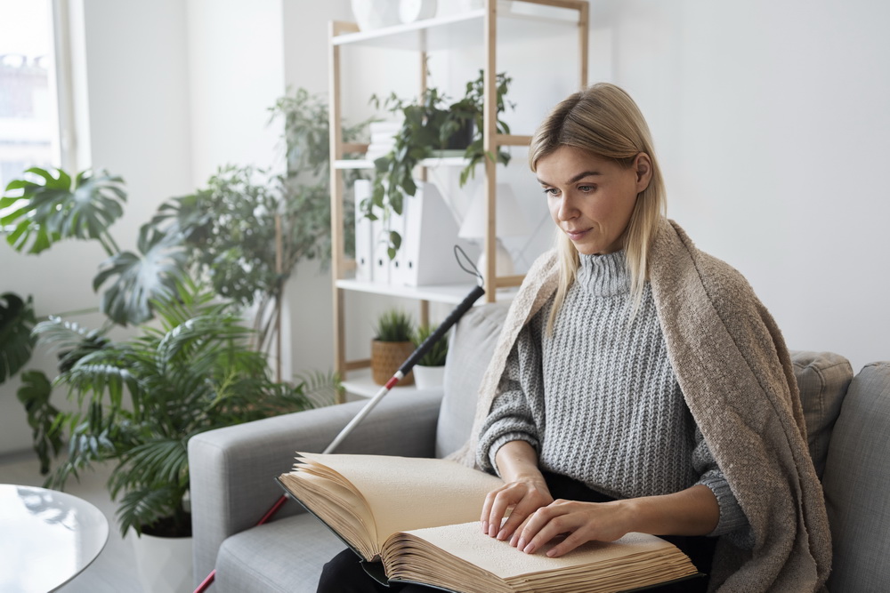 Auf dem Bild ist eine junge Frau zu sehen, die auf einem grauen Sofa sitzt und ein großes Buch in Brailleschrift liest. Sie trägt einen grob gestrickten, grauen Pullover und hat eine beigefarbene Decke locker über ihre Schultern gelegt. Ihre Hände tasten über die erhabenen Braille-Punkte auf den Seiten des Buches, das auf ihrem Schoß liegt. Im Hintergrund sieht man ein hell eingerichtetes Wohnzimmer mit vielen grünen Zimmerpflanzen und einem Holzregal mit weißen Ordnern und Dekorationsgegenständen. Am Rand des Sofas lehnt ein Blindenstock mit roter Spitze, was darauf hinweist, dass die Frau sehbehindert oder blind ist. Die Atmosphäre wirkt ruhig, hell und gemütlich.